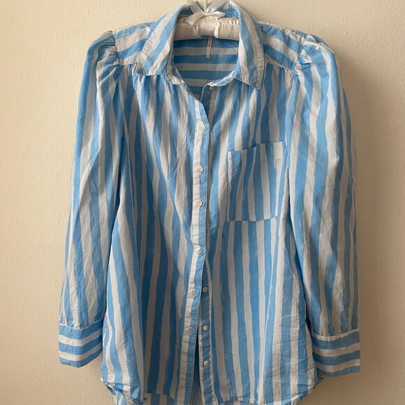Free People Riley Blue and White Striped Poplin Buttondown, L - Picture 1 of 2